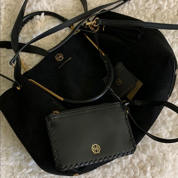 NWT House of Harlow 1960 Luxe Satchel Black Faux Suede + Crossbody Strap - Picture 7 of 8